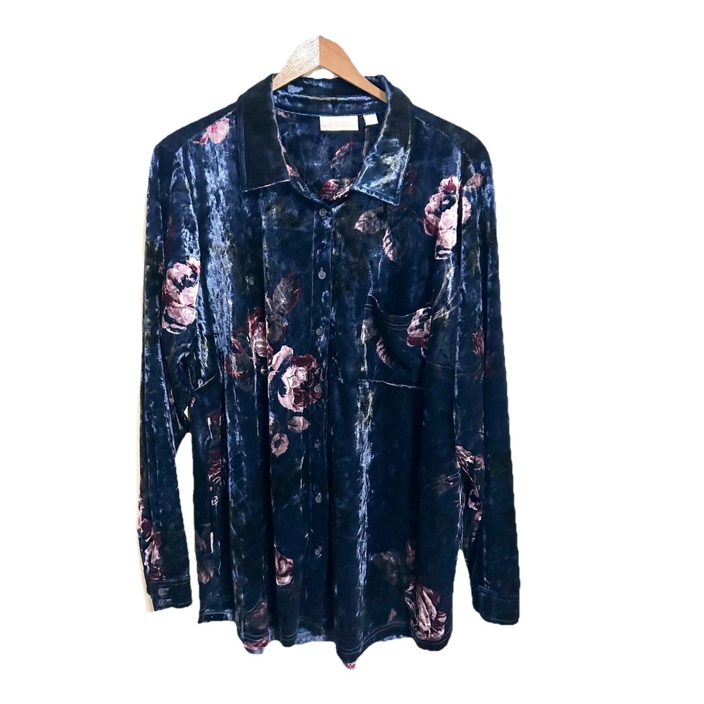 Belle Kim Gravel Blouse Womens Sz 1X Crushed Velvet Floral Button Up Shirt  Navy